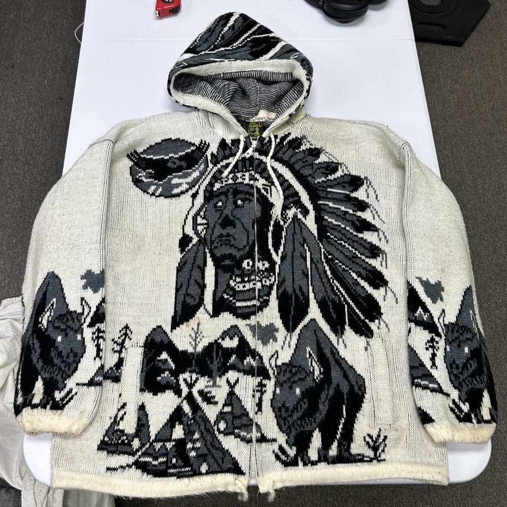 Unbranded Knit Hoodie Mens L Cream Black Native American Chief Wolf Graphic